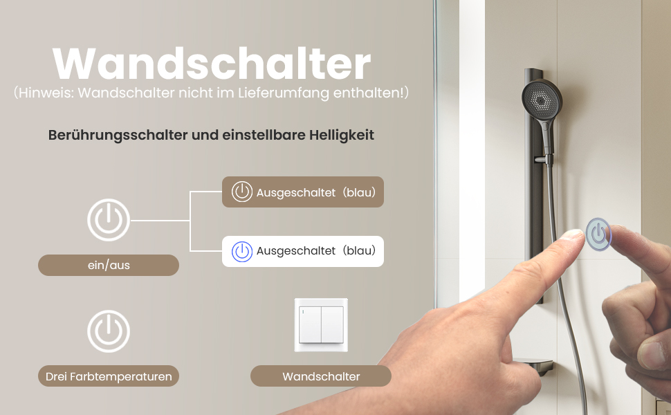 Дзеркало для ванної кімнати LED 50x70 см з підсвічуванням, сенсорне керування, регулювання яскравості, 3 кольори світла, без рамки