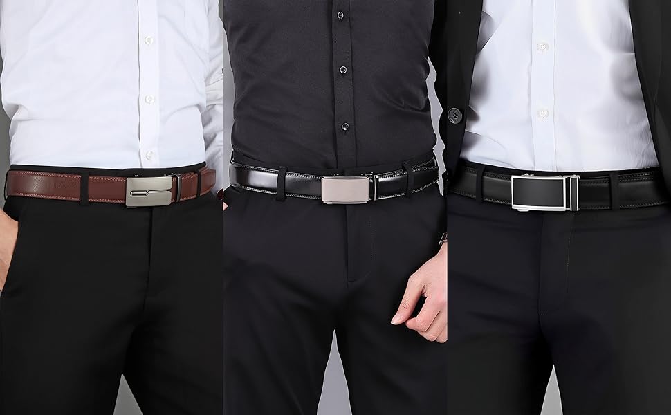 Чоловічий шкіряний ремінь Guvoosm з автоматичною застібкою, 3,5 см, колір коричневий, довжина 125 см, підходить для об'єму талії 92-107 см, для ділового костюма