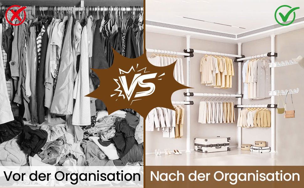 Телескопічна система для гардеробу, штанга для одягу зі 6 штангами, телескопічна шафа для одягу з 2 гачками, регульована полиця 110-300 см, для дому та магазину одягу, білий