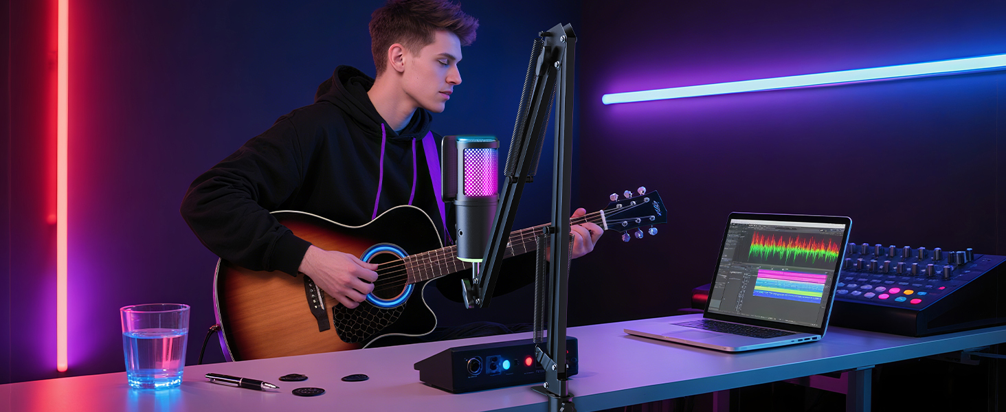 Професійний USB мікрофон для стрімінгу, подкастів та YouTube з RGB підсвіткою та кріпленням 
