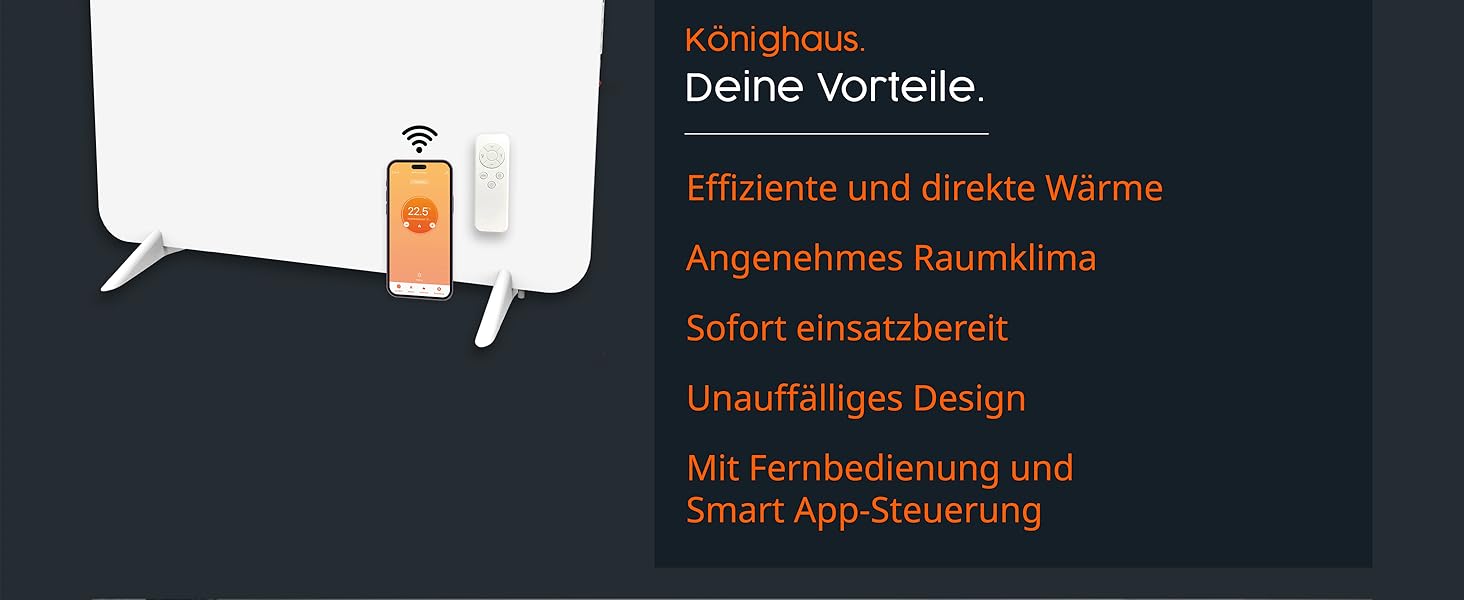 Обігрівач KönigsHaus 450W Smart Dual-Інфрачервоний V2 - підлоговий/настінний - керування через Wi-Fi, пульт - з тримачем для рушників, ніжки та кріплення - білий, з дисплеєм