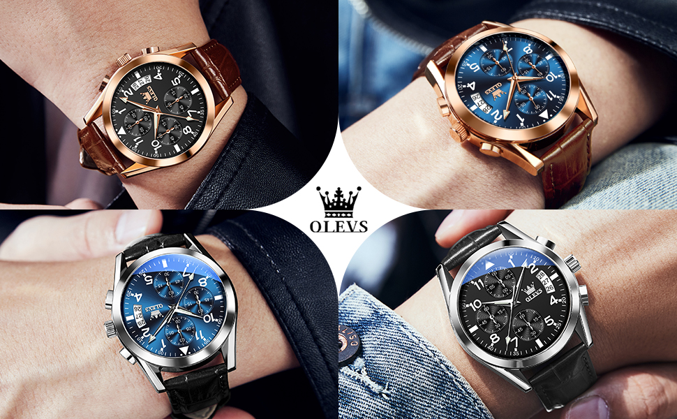 Годинник чоловічий OLEVS Vintage з шкіряним ремінцем, великий циферблат, водонепроникні, аналогові годинники з датою (2878, блакитний циферблат/коричневий ремінець)