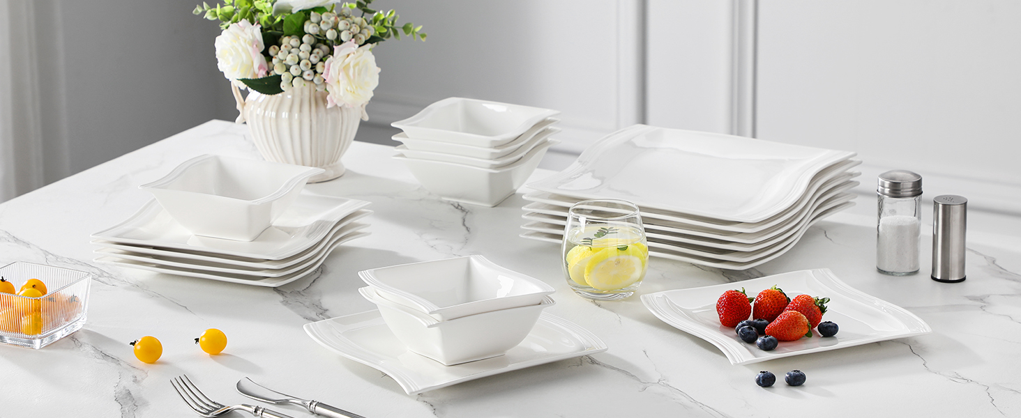 MALACASA Flora Marble Porcelain Dinnerware Set - 30 Piece Combination Set with Coffee Cups, Saucers, Dessert Plates, Soup Plates & Dinner Plates (White)