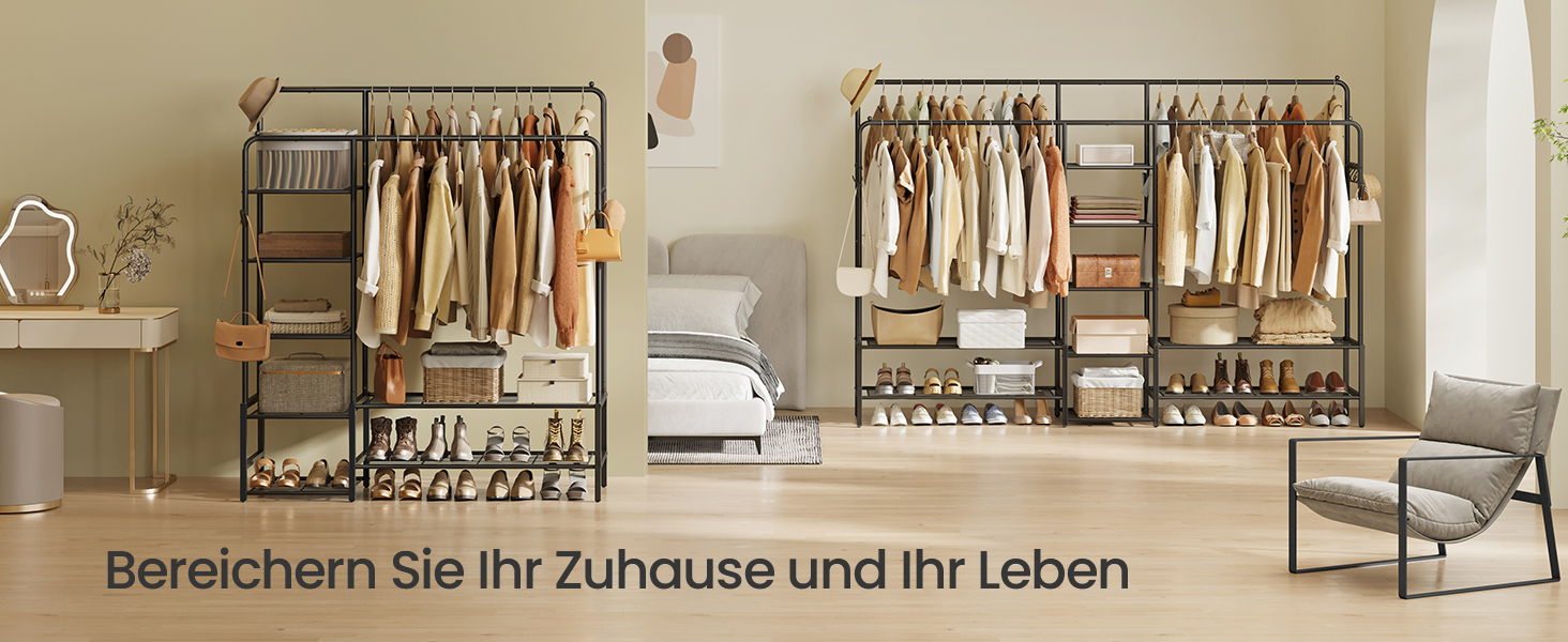 SONGMICS Стійка для одягу, відкрита шафа, вішалка для одягу з 7 полицями, металевий каркас, перекладина для одягу, для спальні, вітальні, передпокою, чорна HSR182B01, чорний, 115,8 см