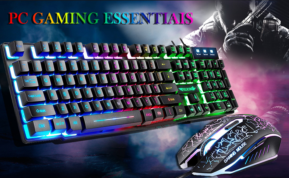 Ігровий набір клавіатури та миші UK-Layout 4-в-1 з підсвічуванням Rainbow, миша 2400 DPI, навушники, килимок для миші (K&M-Black)