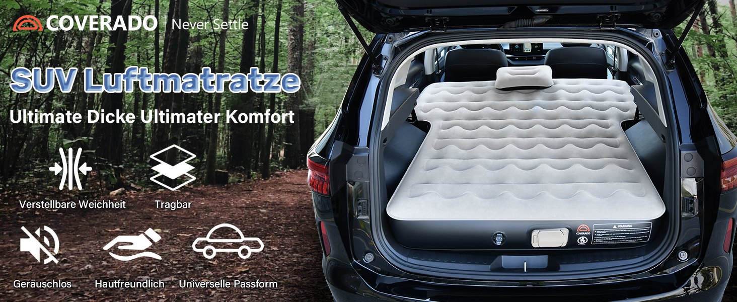 Автоматичний надувний матрац для заднього сидіння авто Coverado - з вбудованим насосом та подушками. Універсальний, підходить для більшості авто та SUV.