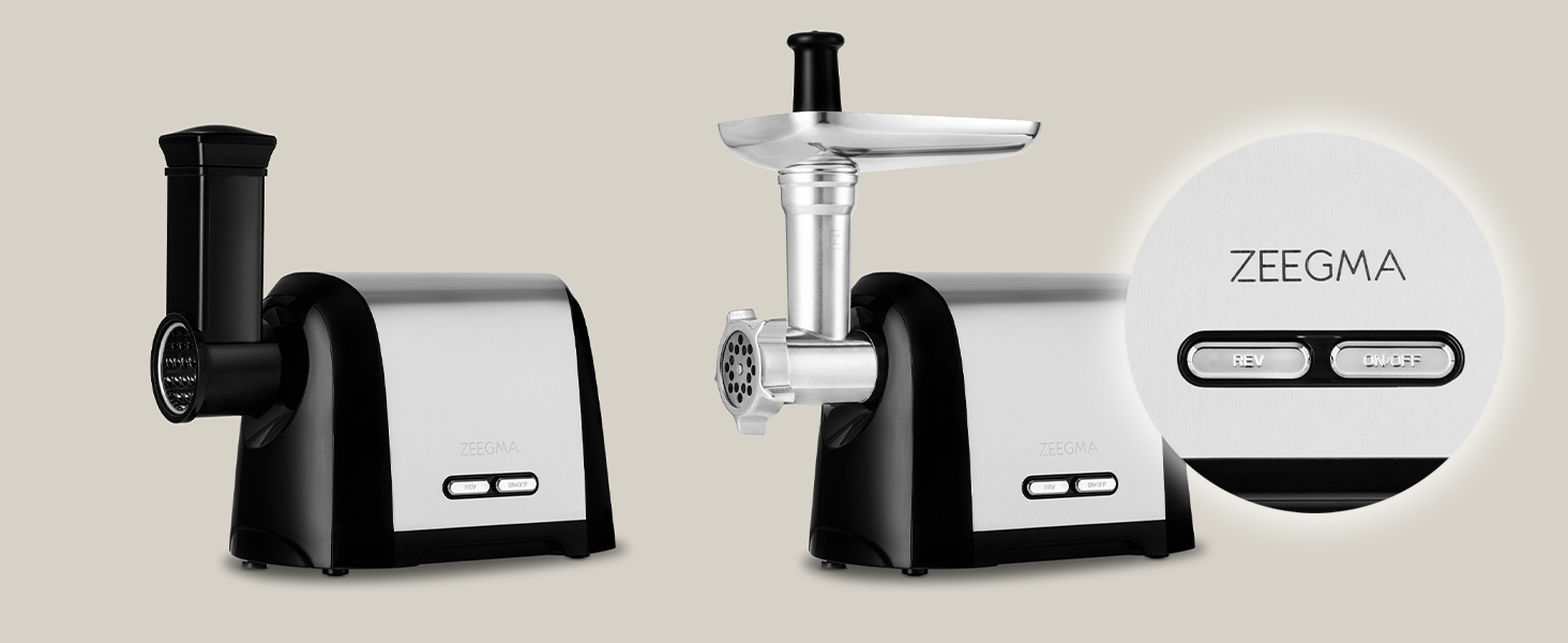 ZEEGMA Electric Meat Grinder - 1900W, Stainless Steel Plates, 3kg/min, Sausage Maker, Kubbe Maker, Chopping, Dicing, REV Function, Accessory Set - Silver