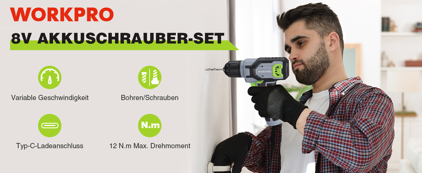 WORKPRO Акумуляторний шуруповерт 8V з набором 53 аксесуари, регульована швидкість, LED-ліхтик, для домашніх ремонтів та DIY