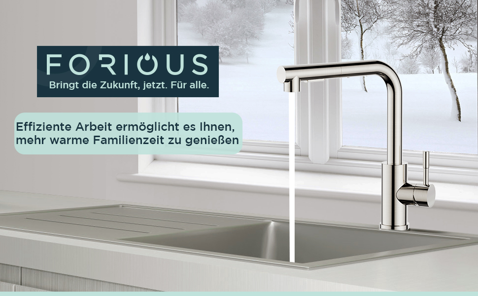 Змішувач кухонний FORIOUS з висувною лійкою та душем, 360° обертання, 2 режими, нержавіюча сталь