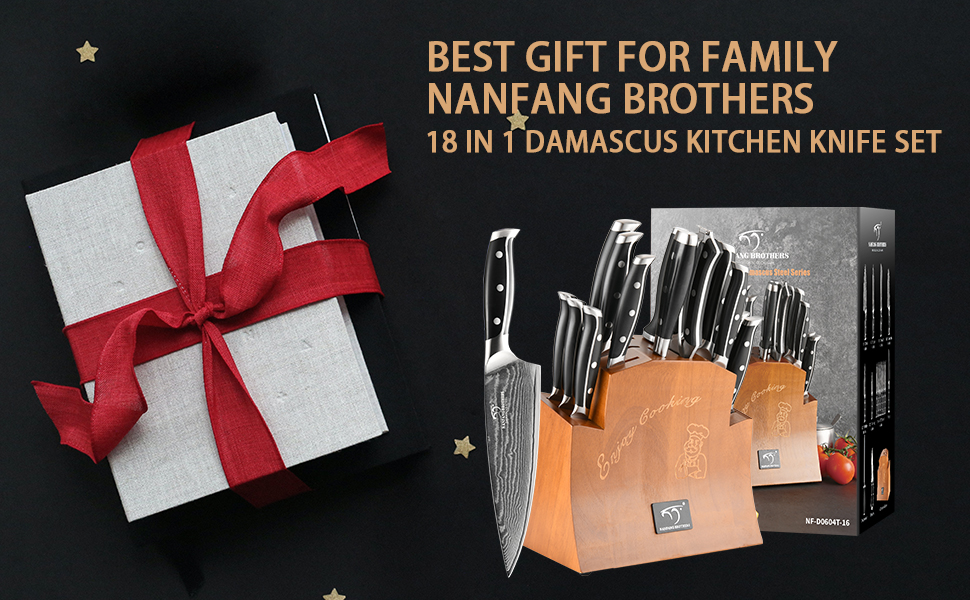 Nanfang Brothers 18-Piece Damascus Kitchen Knife Set with Hammered Handles & Wood Block - Premium Quality Steel Blades