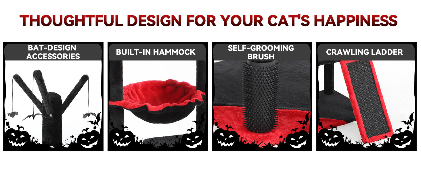 Кігтеточка YITAHOME Готичний XL, 160 см, з 4 колонами з сизалю, платформа для сну, гамак, кулі-іграшки, чорна