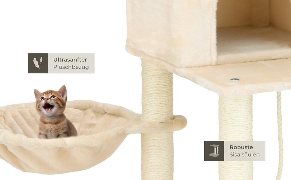 Тектейк® Крізьоверх XXL для котів, великий, з аксесуарами: лежанки, гамак, будиночок, іграшки, мотузка з сизалю, ствол для дряпання, котячий комплекс, котячий дряпкач, висота приблизно 165 см - сірий (Бежевий | № 402932)