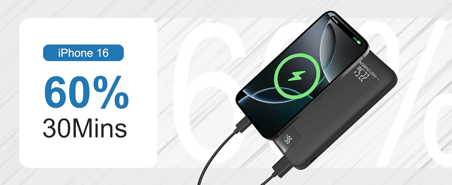 Powerbank 10000mAh 22.5W з LCD-дисплеєм: швидка зарядка, 3 виходи, 2 входи (USB-C), чорний