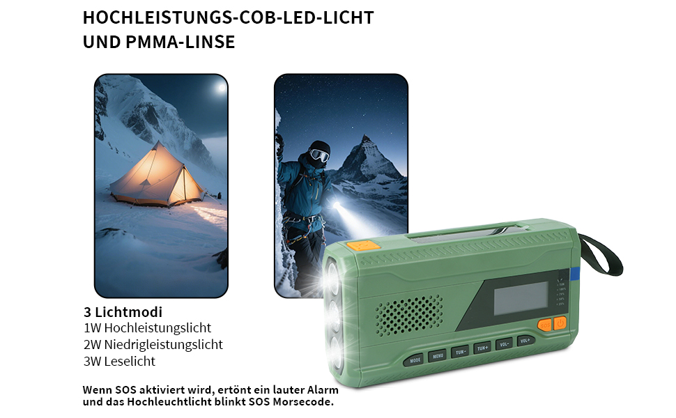 Радіо Alika для надзвичайних ситуацій: радіо з ручним приводом, FM/DAB+/DAB, сонячне, з Powerbank 4000mAh, зарядкою для телефону, USB, SOS-сигналом, ліхтарик (3 режими), для відпочинку на природі, кемпінгу (армійний колір)