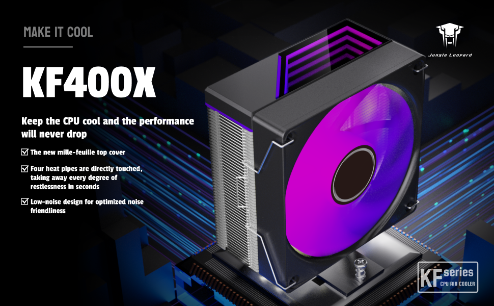Охолоджувач CPU Jungle Leopard KF400X з LED підсвічуванням: 4 теплові трубки, 4PIN PWM вентилятор, сумісний з Intel LGA 2011/115X/1200/1366/1700/1851, AM4/AM5 (білий)
