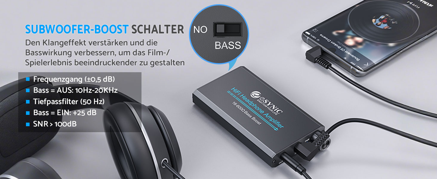 eSynic Підсилювач для навушників HiFi – портативний, 3.5mm AUX, 1000mAh, для MP3/MP4/Smartphone/PC, підходить для навушників 16-600 Ом, алюмінієвий корпус