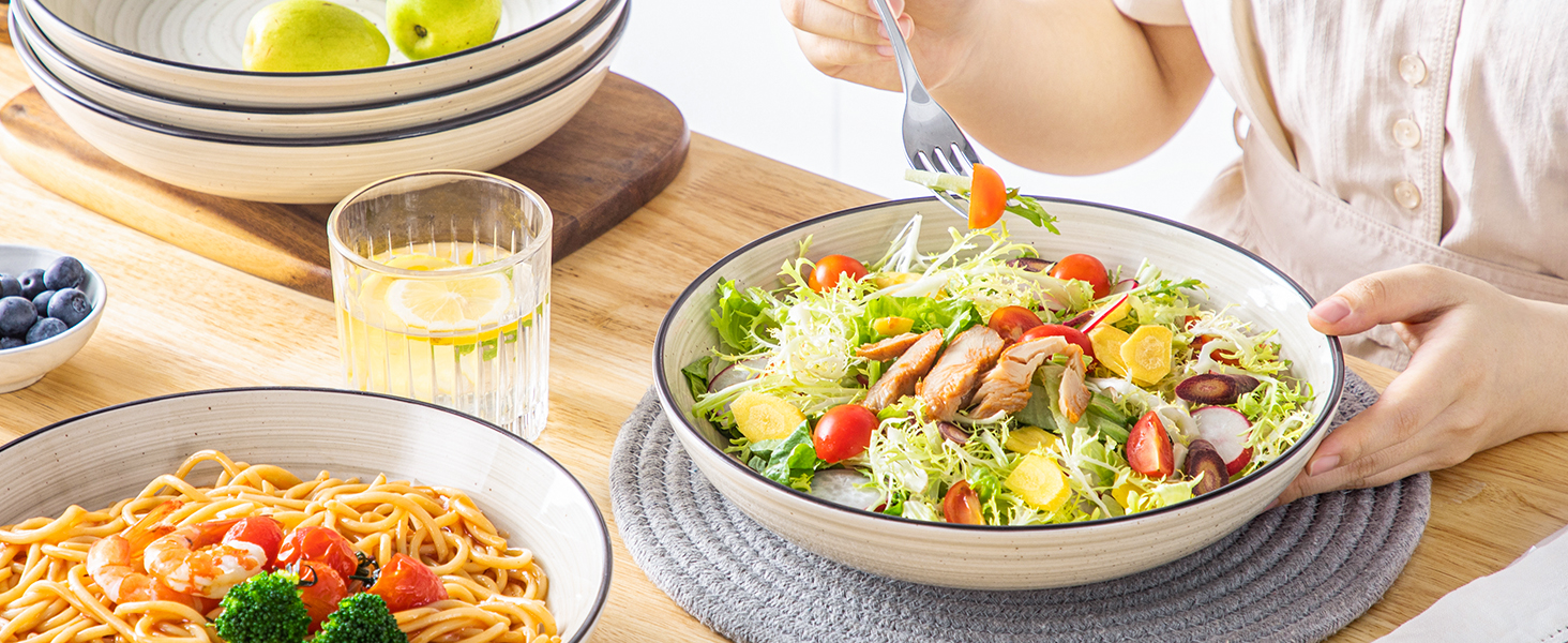 Набір супових тарілок Vancasso Bonbon (6 шт.), супові миски з кераміки, об'єм 1500 мл, глибокі, для пасти, салатів, підходить для миття в посудомийній машині та використання в мікрохвильовій печі, бежевий