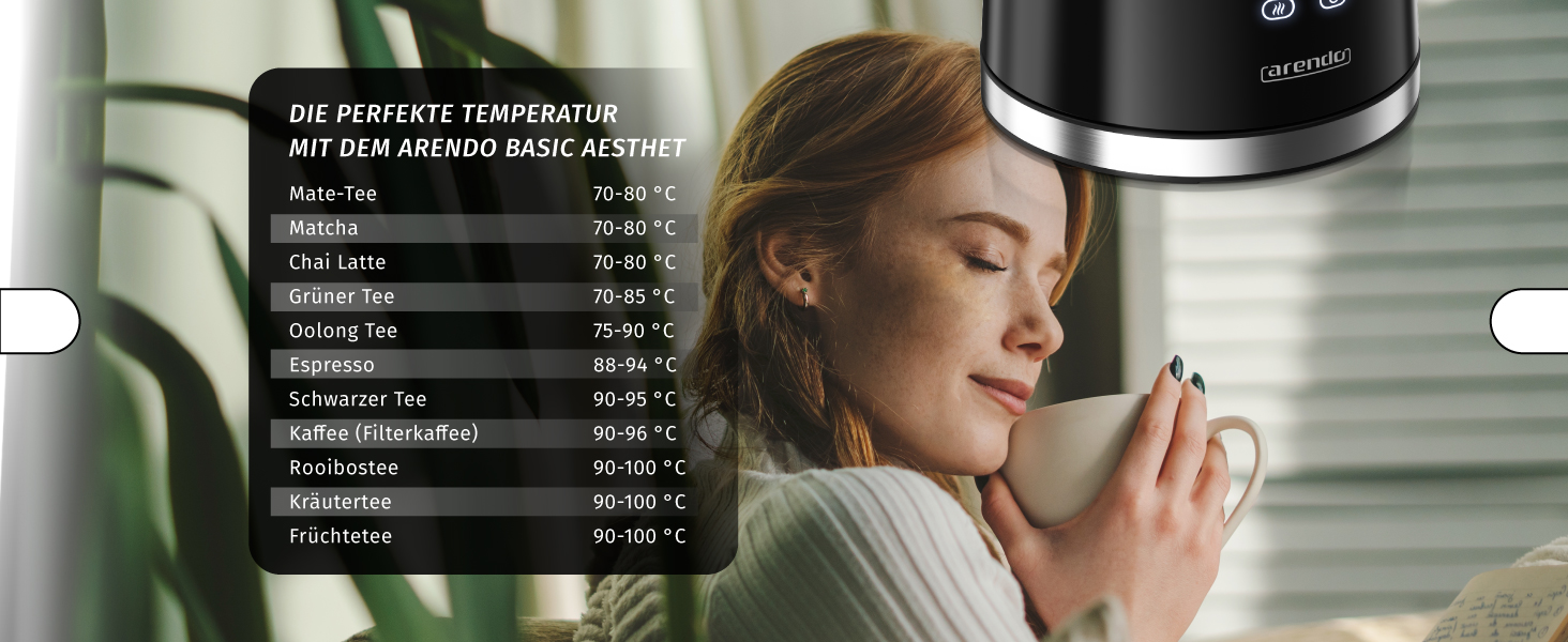 Електричний чайник Arendo з регулюванням температури, нержавіюча сталь, подвійні стінки Cool Touch, дисплей, бездротовий, 2200 Вт, 1,7 л, захист від перегріву, функція підтримання тепла, чорний