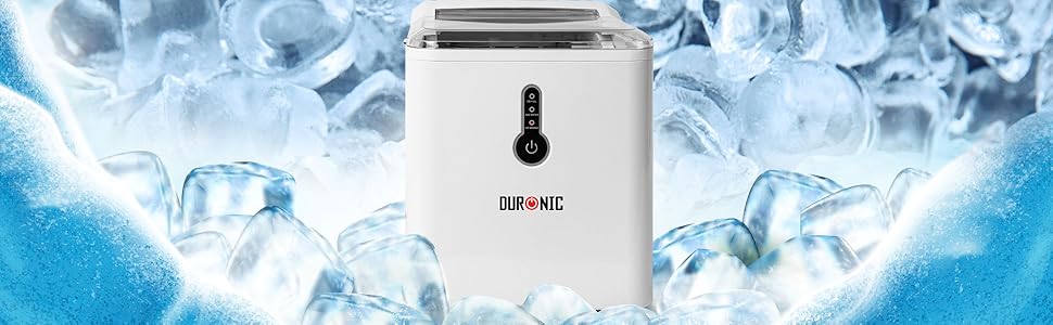 Машина для приготування льоду Duronic ICM120 WE – Автоматична, 8 кубиків за 6-8 хв, 1 л резервуар, 12 кг/24 год, тихий компресор 54 дБ, 120 Вт, чорний колір