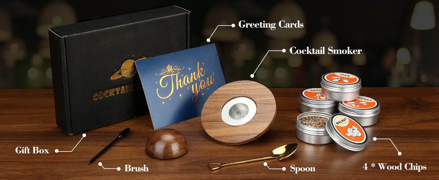 Набір для копчення коктейлів та віскі, з 4 дерев'яними стружками, подарунок на День батька, для Old Fashioned, коктейлів, віскі, бурбону, кави, м'яса, волоського горіха Saturn - волоський горіх