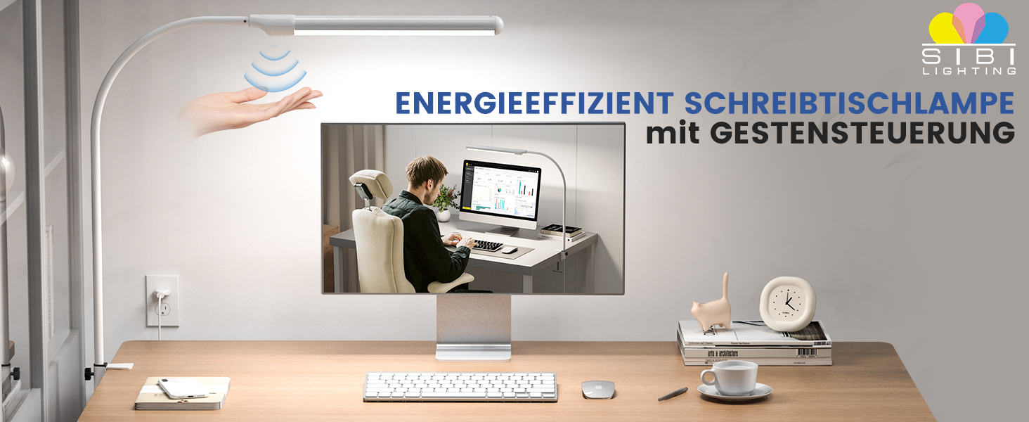 LED настільна лампа SIBI LIGHTING з жестами, 7W, 38 см, регульована яскравість, для роботи, навчання, ігор, білий