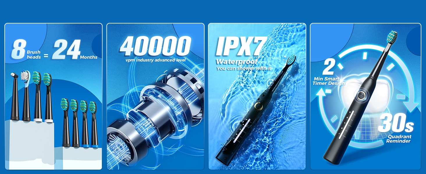 Електрична зубна щітка Demita зі звуковими вібраціями, 8 насадок, 40000 VPM, 5 режимів, швидка зарядка (30 днів роботи), чорний (S1)