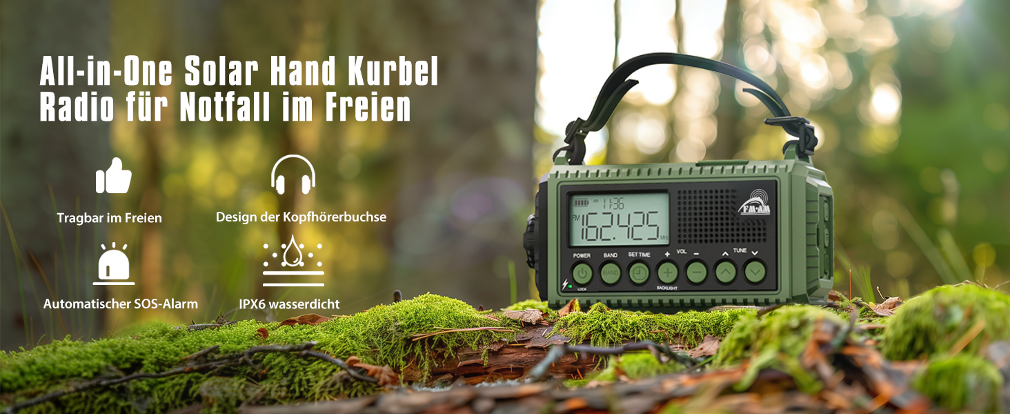 Радіо на батареї 12000mAh | Радіо з ручкою та сонячною панеллю | AM/FM/SW, SOS, USB-C | Водонепроникне IPX4, ліхтарик, для кемпінгу та відпочинку на природі