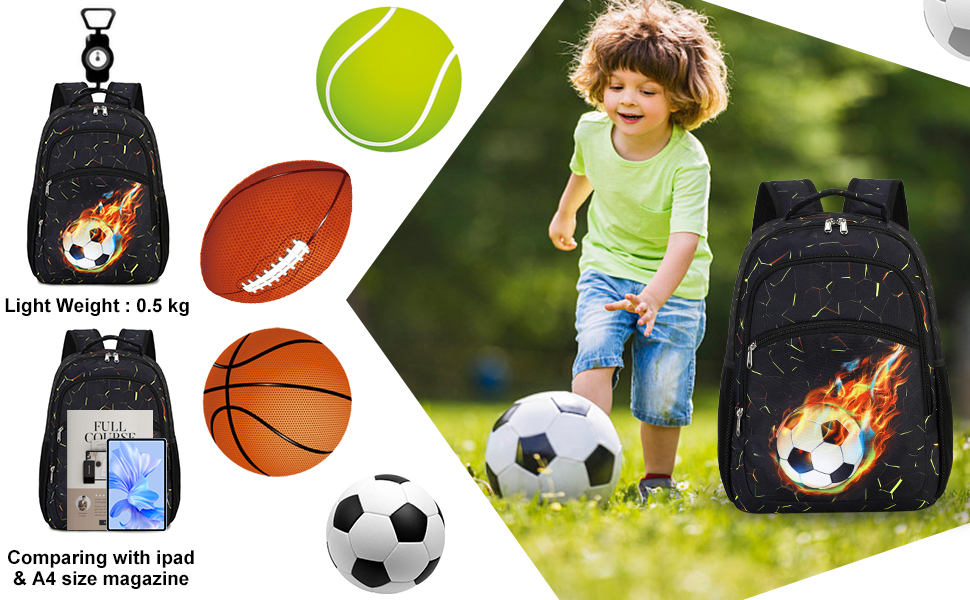 Дитячий рюкзак для школи LOIDOU: безпечний, легкий, з принтом полум'я/футбол, для хлопчиків та дівчаток