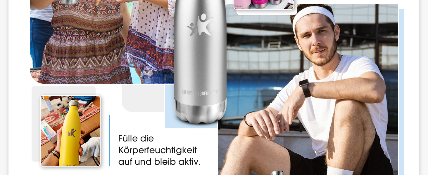 Термос KollyKolla: пляшка для води з нержавіючої сталі 500мл/750мл/1л, не протікає, без BPA, ізоляція, для дітей, спорту, школи, фітнесу, активного відпочинку, кемпінгу, чорний