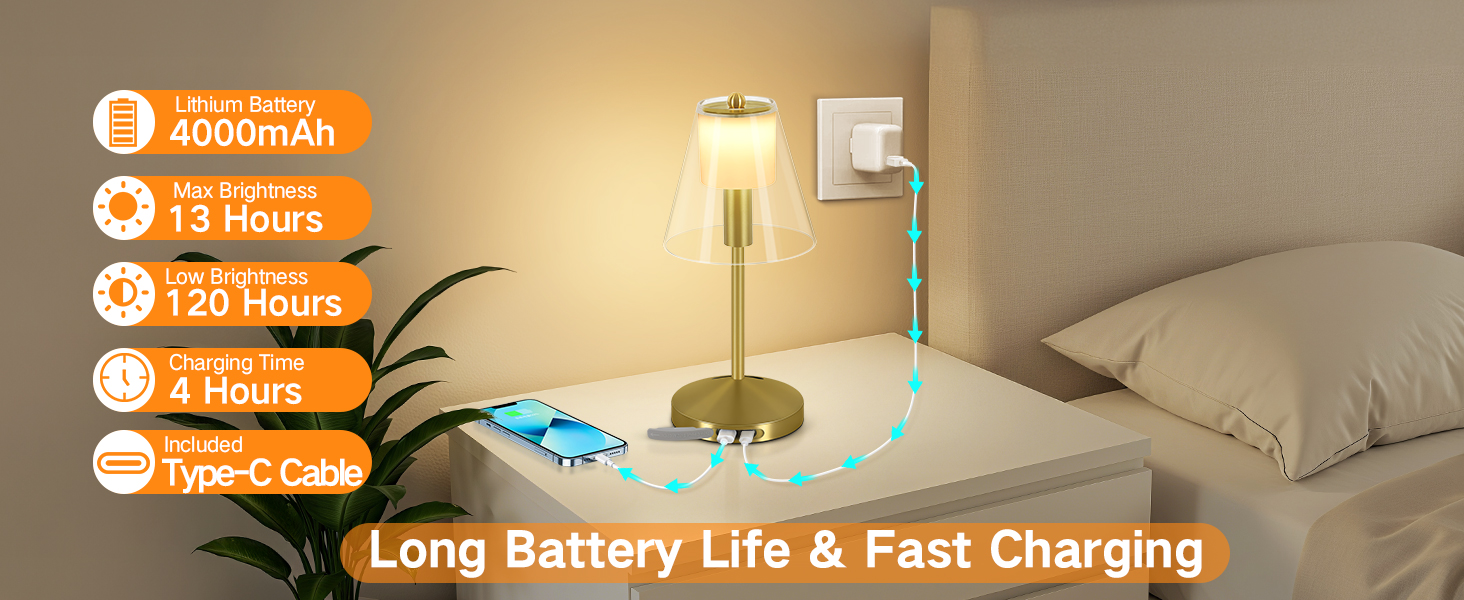 OUTON Бездротова настільна лампа Gold – LED лампа з торканням, регулювання яскравості, 3 режими кольору (3000K–6000K), акумулятор 4000mAh, USB-C, до 120 годин роботи, пам'ять, для спальні, бару та декору, золота