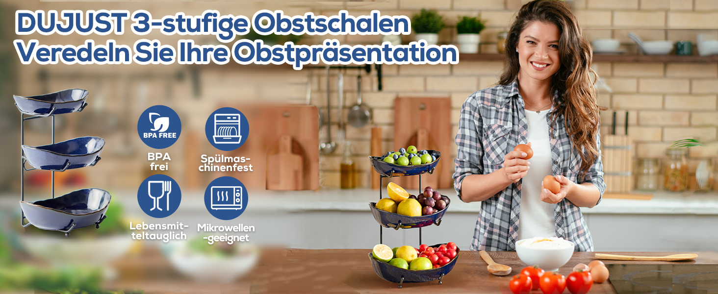 DUJUST Трирівнева етажерка для фруктів з кераміки, 3 яруси, сучасний дизайн, обпалена глазур, для кухні, зберігання фруктів, стабільна, придатна для миття в посудомийній машині