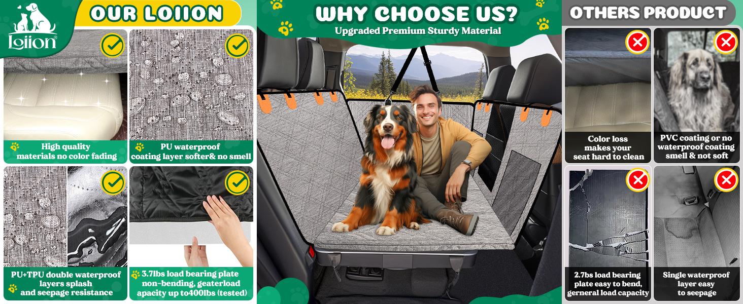 Loiion Dog Car Seat Cover - Waterproof & Protective Back Seat Liner for Cars, SUVs & Trucks - Durable, Non-Slip, Hard Bottom - Grey
