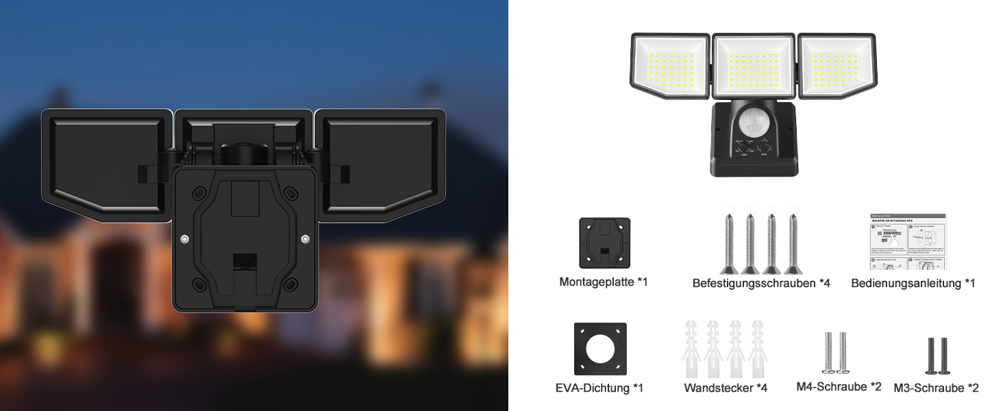 LED прожектор з датчиком руху для вулиці, 6000 Лм, 38Вт, суперяскравий, з трьома регульованими головками, 6500K холодне біле світло, IP65 водонепроникний, для гаража, саду, двору