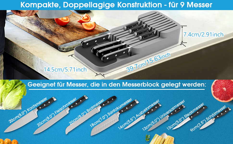 Органайзер для ножів у шухляду двоярусний, на 9 ножів, сірий - безпечне та компактне зберігання