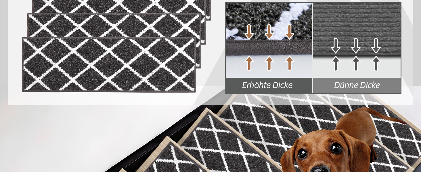 Комплект килимків для сходів COSY HOMEER (15 шт.), 70 x 22 см, антиковзаючі, самоклеючі, машинне прання, 100% поліестер, TPE-підкладка, для дітей, літніх людей та домашніх тварин, чорно-білі