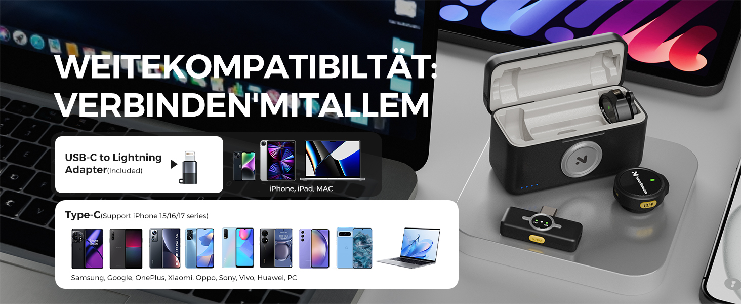 NearStream Бездротовий петличний мікрофон для iPhone/Android, AWM25T, Lightning/USB-C, шумозаглушення, 24 години роботи, для стрімінгу, влогів, подкастів