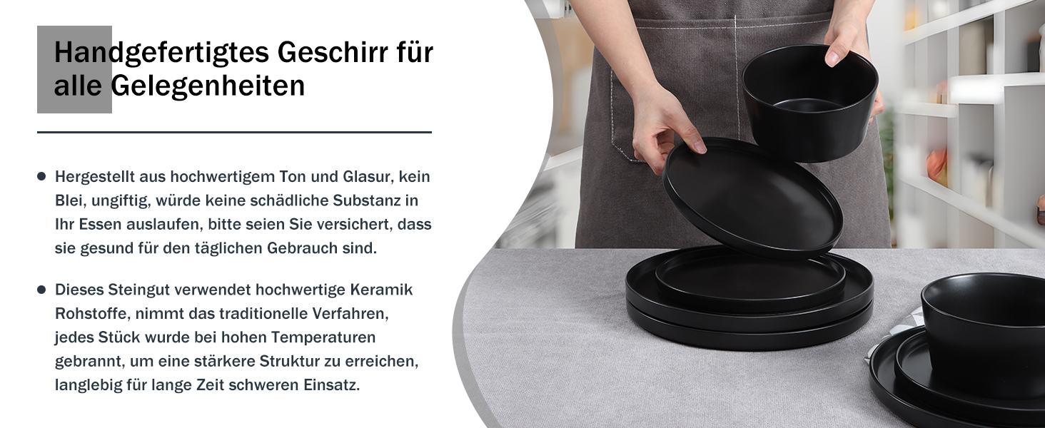 Набір посуду Homikit на 6 осіб: тарілки, миски, десертні тарілки, реактивна глазур, чорний колір, 18 шт.