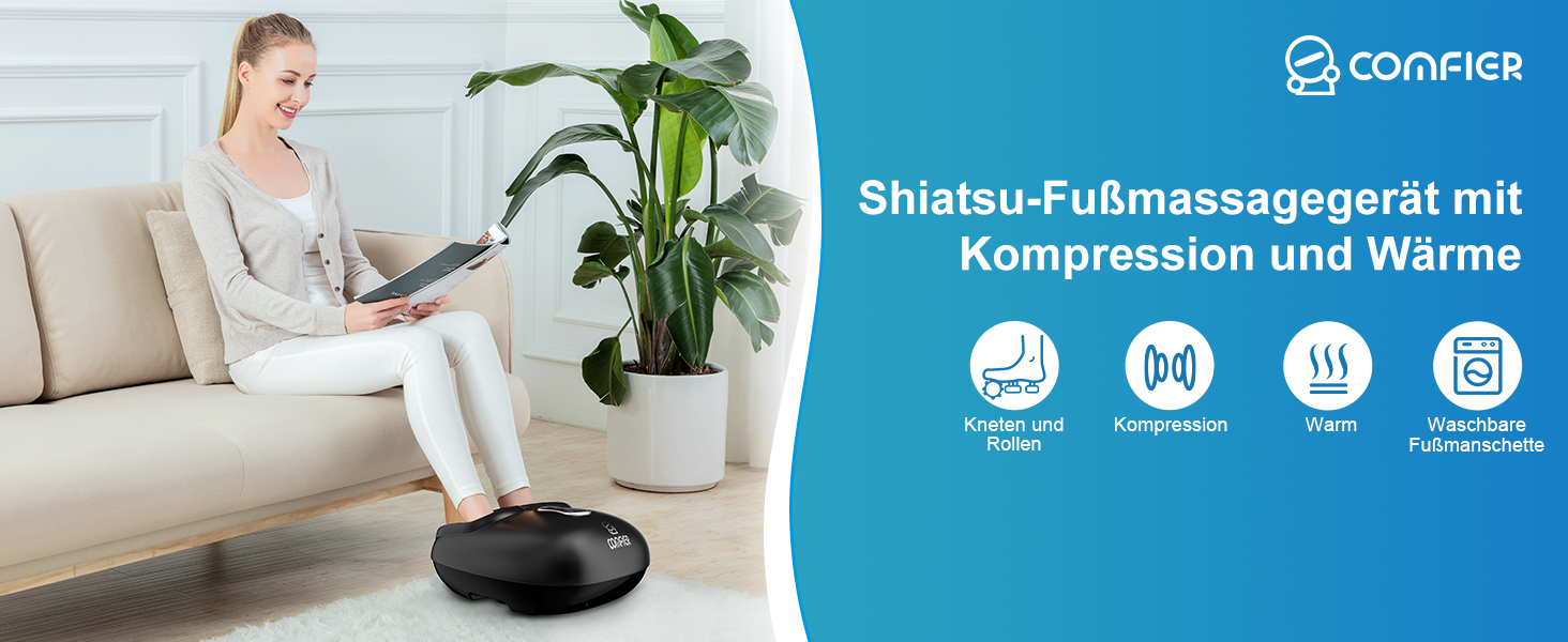 Масажер для ніг Comfier з підігрівом, вібрацією та компресією повітря. Електричний масажер ніг Shiatsu для п'яткової фасції та зняття болю, до 47 розміру. Чорний.