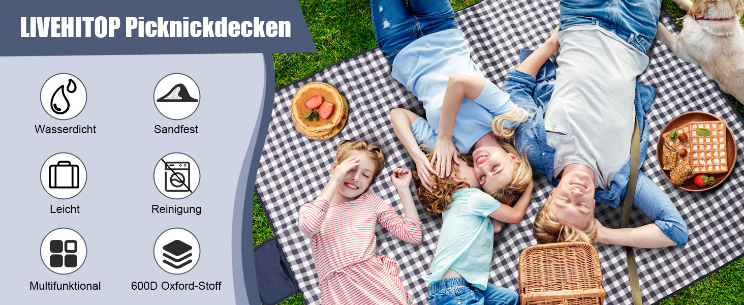 Плед для пікніка LIVEHITOP водонепроникний XXL (150x200 см) синій в клітку - для пляжу, кемпінгу, парку, BBQ