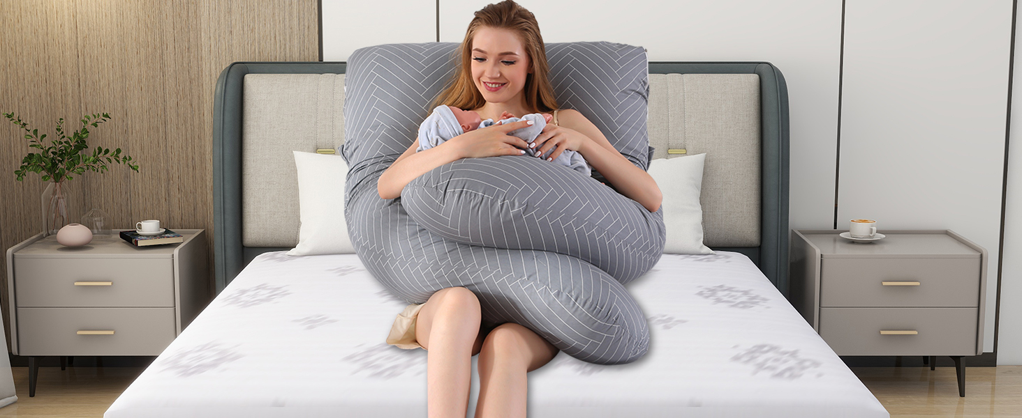 Тілоподушка SHANNA для сну на боці, U-подібна, вагітним, знімний чохол, 70 x 145 см (Сірий смугастий)