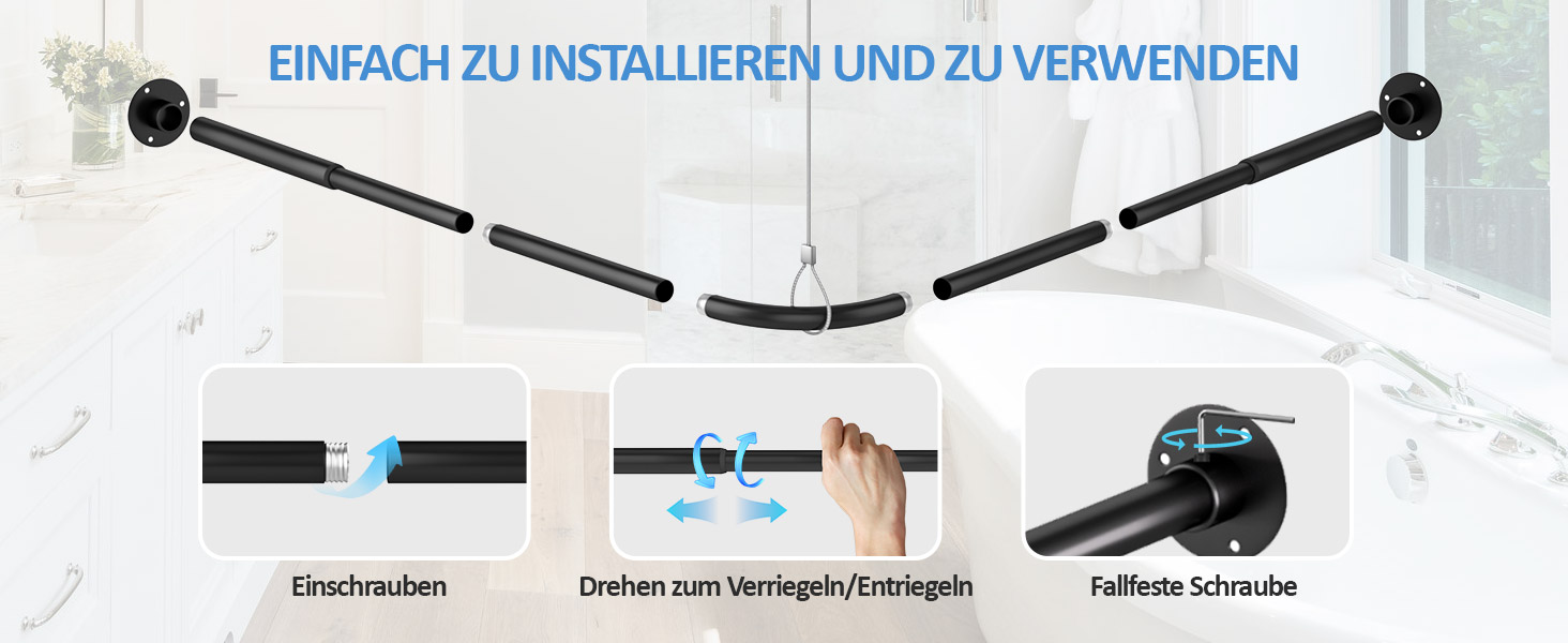 Штанга для душу L-подібної форми, регульована 60-134 см, з кріпленням для штори та опорою для стелі, чорна. Підходить для ванни/ванної кімнати. Потрібно свердління.