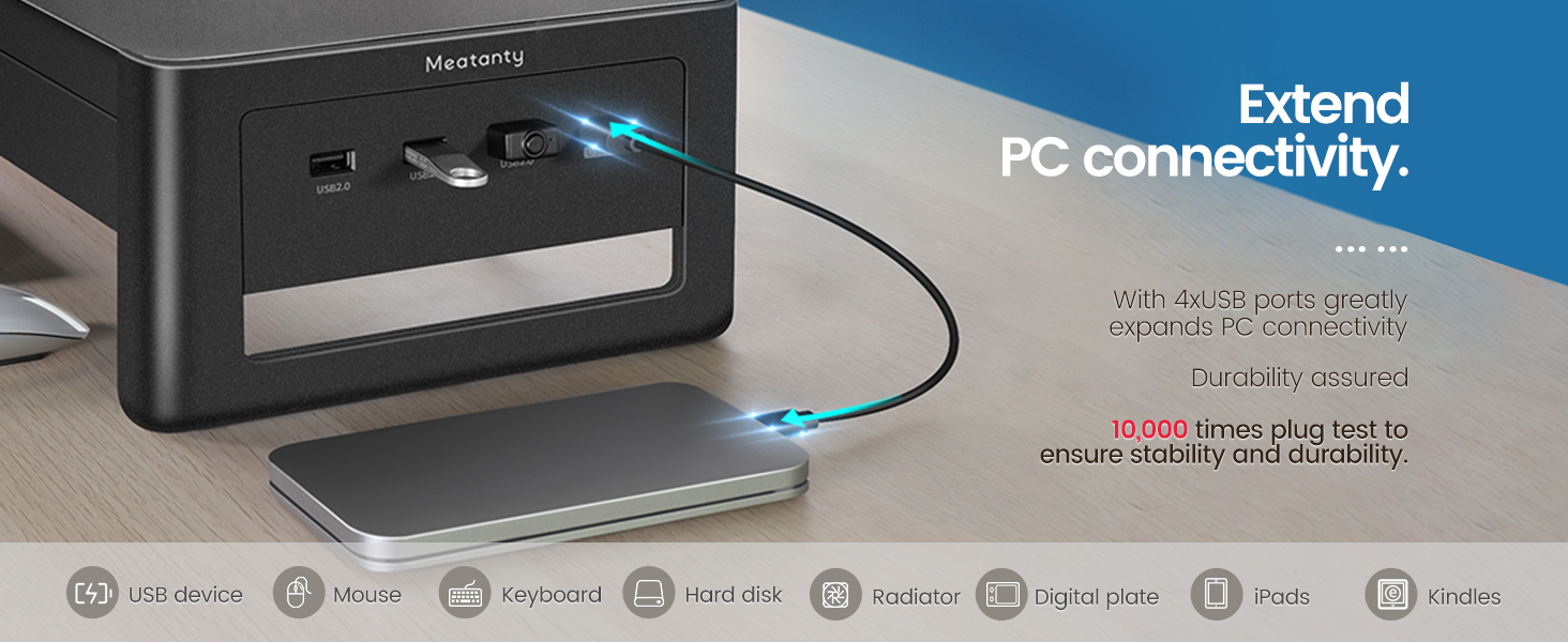 Підставка для двох моніторів Meatanty з 2 ящиками та 4 USB-портами, металева, для ПК, iMac, з USB-хабом, 98.3 см