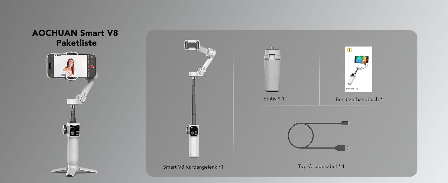 Стабілізатор гіроскоп AOCCHUAN Smart V8 з 7.8-дюймовою штангою, AI-трекінг, OLED-дисплей, кнопка зйомки (Чорний)