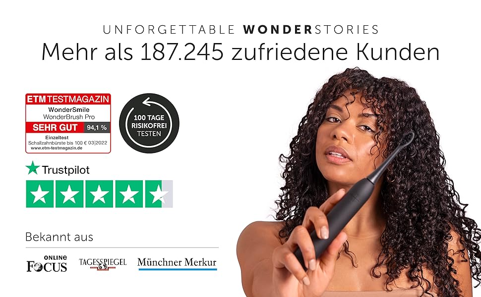 Електрична зубна щітка Wondersmile PRO - Тест-переможець 2025 - 100 днів без ризику - TÜV-сертифікована, 4 режими, акумулятор 60 днів, смарт-насадка, 1 шт. (Ultimate Black Bundle)