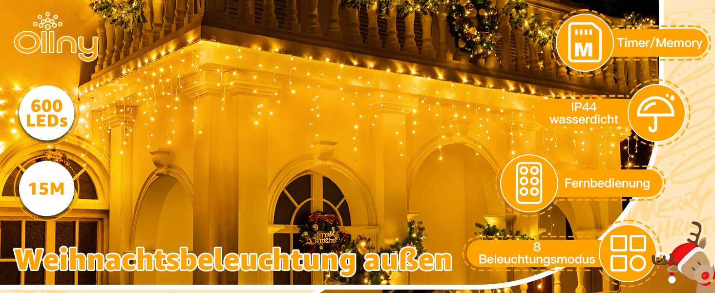Ланцюжок прикрас з LED-ліхтариками Ollny Eisregen для вулиці, 15 м, 600 LED, тепле світло, 8 режимів, водонепроникний, з пульта, для балкона, даху, вікна, дому, огорожі