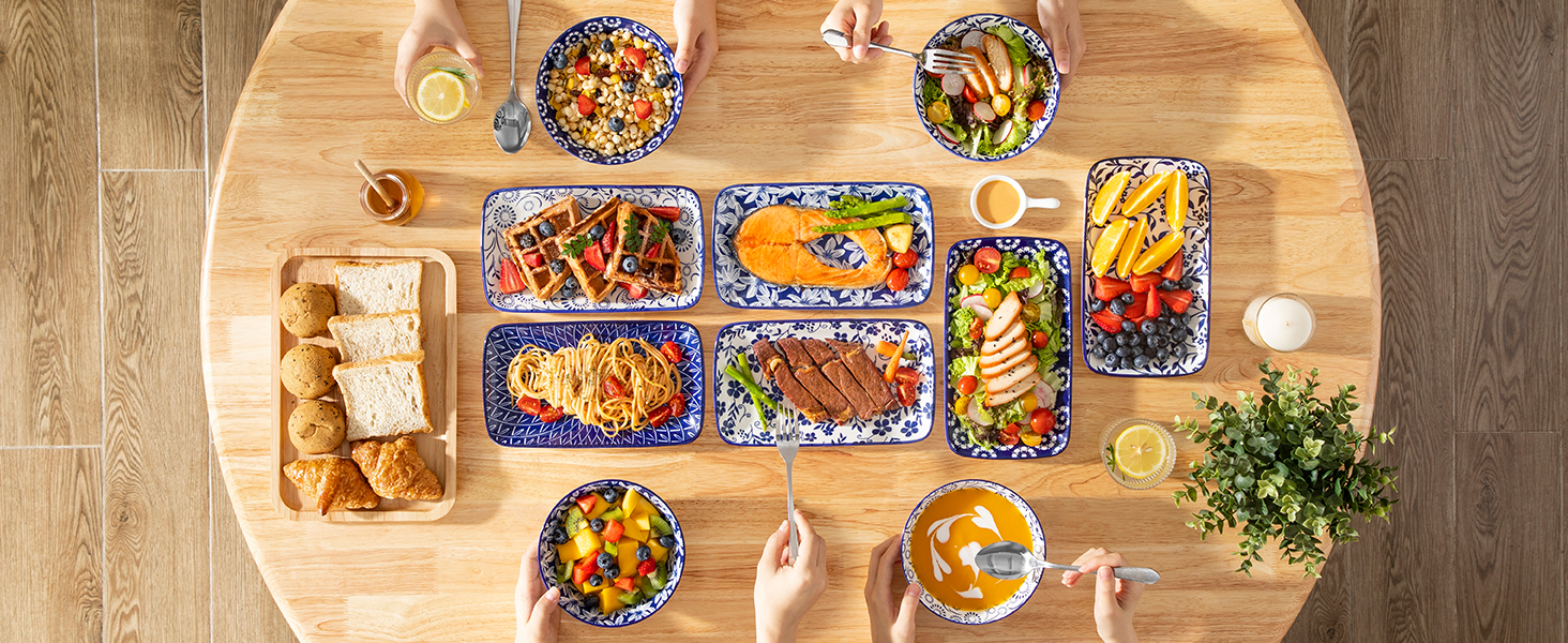 Набір сервірувальних тарілок Vancasso SELENE (6 шт.) - великі, прямокутні, порцелянові, для свят, сніданків, фуршетів, сирної тарілки, мікрохвильова піч та посудомийна машина, блакитно-білі