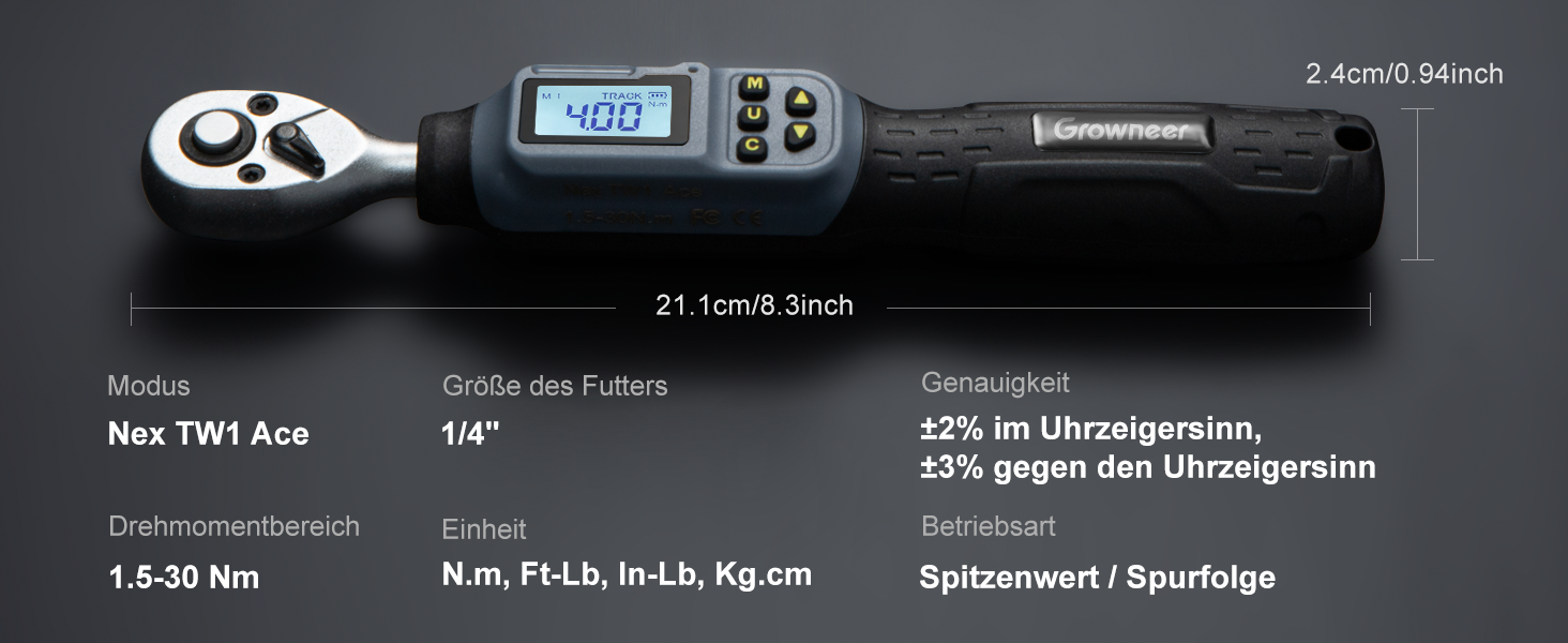 Цифровий шуруповерт з моментом обертання GROWNEER, 2.66-53.1 In-lbs/ 1/4'' Drive, 1.5-30 Nm, з індикатором крутного моменту, звуковим сигналом та LED-дисплеєм, 27 в 1