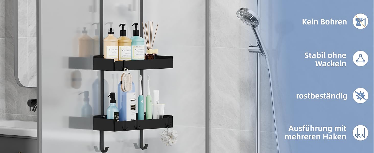 Підставка для душу настінна, полиця для душу з кріпленням для скляних душових кабін, тримач для шампуню в душ, корзина для душу без свердління, чорна з 8 гачками, нержавіюча сталь 65.5x30x11.2 см
