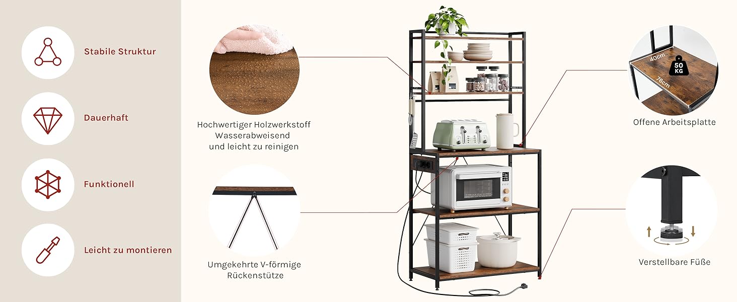 Кухонна полиця WOLTU з 6 ярусами, з розетками, для мікрохвильової печі, з металевим каркасом, регульовані полиці, Чорний+Рустик Браун, 60 x 167 x 40 см (Чорний+Вінтаж Браун, 80 x 39,5 x 167 см)