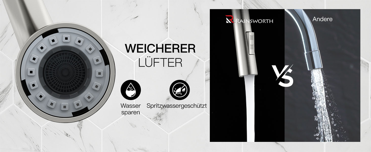 Кран кухонний Rainsworth з висувною лійкою та душем, 360° поворот, нержавіюча сталь, висота 56 см